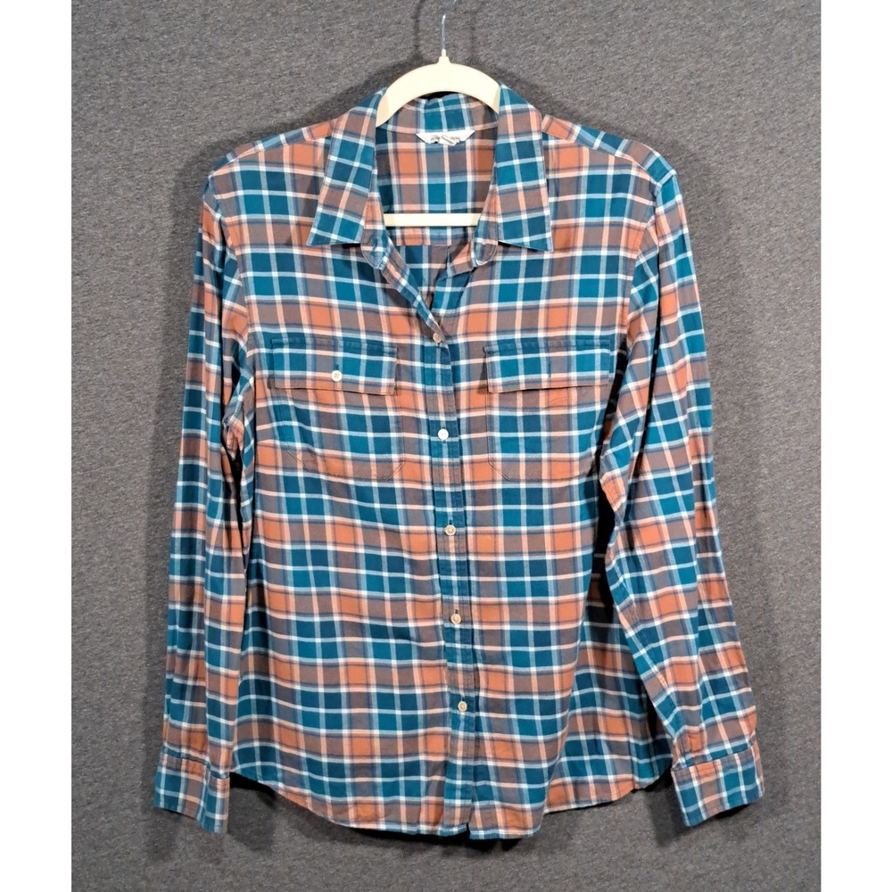 LL Bean Signature Womens 16 Plaid Button Down Shirt Teal Orange Cotton 293404